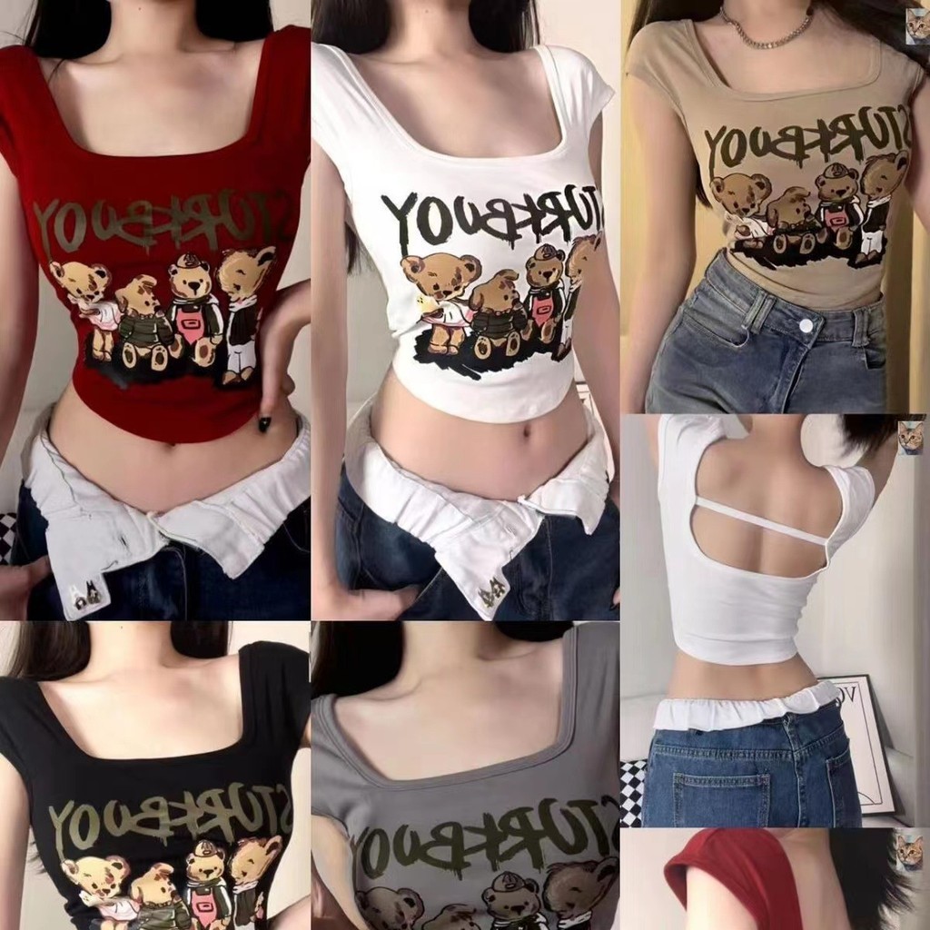 น่ารัก เสื้อครอปแขนสั้นทรงเข้ารูปเอวลอย เสื้อยืดลายหมีผ้าฝ้ายแท้