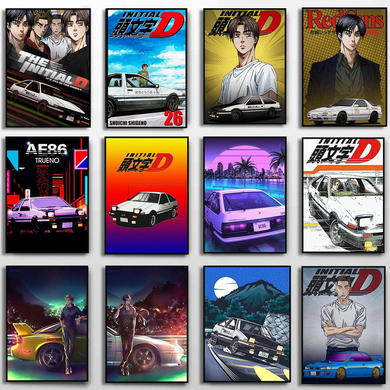 Initial D โปสเตอร์อะนิเมะเริ่มต้น Drift รถ AE86 TAKUMI Neon Wall Art Kawaii ตกแต่งห้องผ้าใบคุณภาพภาพ