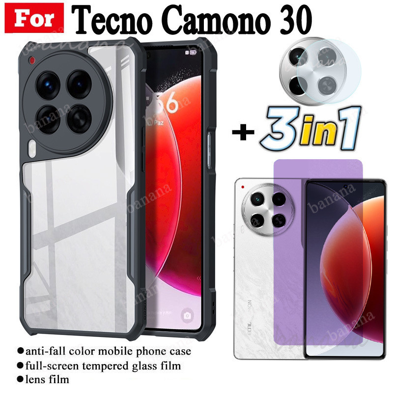 3 in 1 Tecno Camon 30 Pro เคสโทรศัพท์กันกระแทกสําหรับ Tecno Camon 30 4G 5G Camon 20 Pro 18P Anti-blue Ray กระจกนิรภัยและฟิล์มเลนส์