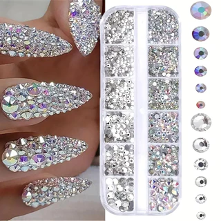 กล่อง 3D แบนกลับเล็บ Rhinestones เล็บอัญมณีแก้ว AB & Clear คริสตัล Rhinestones ชุดเล็บ Charms DIY เครื่องมือ