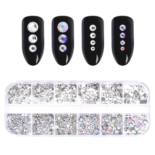 กล่อง 3D แบนกลับเล็บ Rhinestones เล็บอัญมณีแก้ว AB & Clear คริสตัล Rhinestones ชุดเล็บ Charms DIY เครื่องมือ