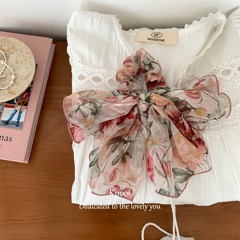 Kovoi/rose Manor ดอกไม้โรแมนติกฝรั่งเศส Classy ริบบิ้นโบว์ผม Tie Classy Super Fairy High-End ที่คาดผมหางม้าต่ํา