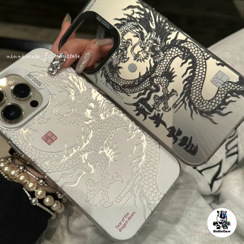 🔥ส่งจากไทย🔥 มังกรจีน เคสโทรศัพท์มือถือ For iPhone 11 12 13 14 15 Pro Max XR X XS 7 8 Plus SE เคซิลิโคนุ่มส สีเงิน เคส