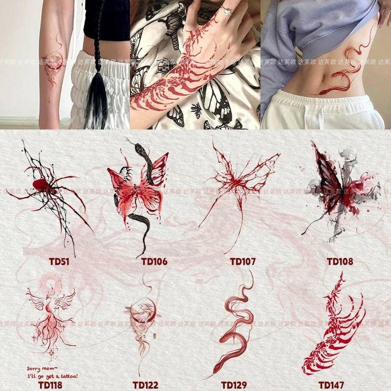 Tatoo สติกเกอร ์ สติ ๊ กเกอร ์ รอยสักสีแดงชั ่ วคราวจําลองการออกแบบกันน ้ ําและติดทนนานใหม ่ ยาวนาน 15 วัน