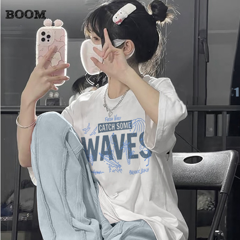 (กรุงเทพจัดส่งสินค้า)BOOM Shop ออกแบบใหม่รู้สึกเฉพาะผ้าฝ้ายแขนสั้นเสื้อยืดผู้หญิงเกาหลีรุ่นหลวม