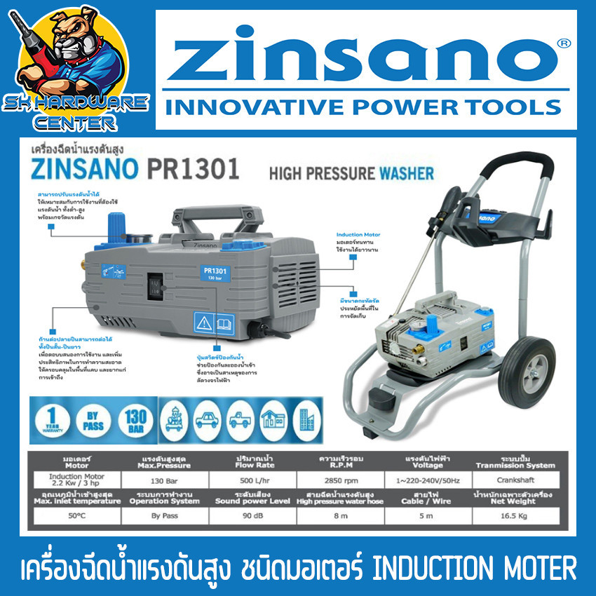 เครื่องอัดฉีดแรงดันสูง 130BAR ZINSANO รุ่น PR1301 INDUCTION (มอเตอร์ระบบเนี่ยวนำไร้แปรงถ่าน) สำหรับงานหนัก อุสาหกรรม