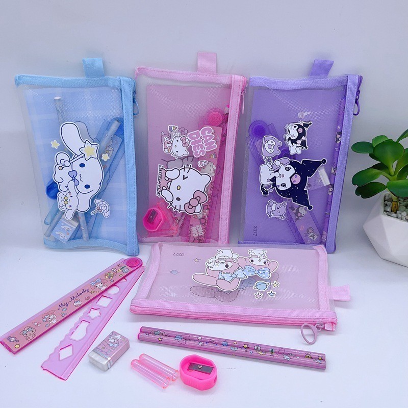 7 ชิ้น Sanrio ชุดเครื่องเขียนอะนิเมะการ์ตูน Hello Kitty Cinnamoroll Kuromi My Melody ดินสอยางไม้บรรทัดกบเหลาดินสอวันหยุดของขวัญ