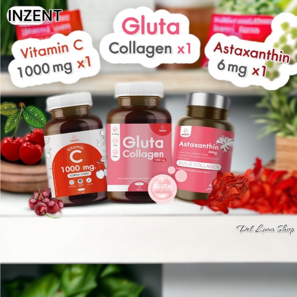 [Vitc1+Gluta1+Asta1] Vitaminc gluta Astaxanthin 6 mg. INZENT แอสตาแซนธีน วิตามินซี กลูต้า (30แคป/1กระปุก) T-0100