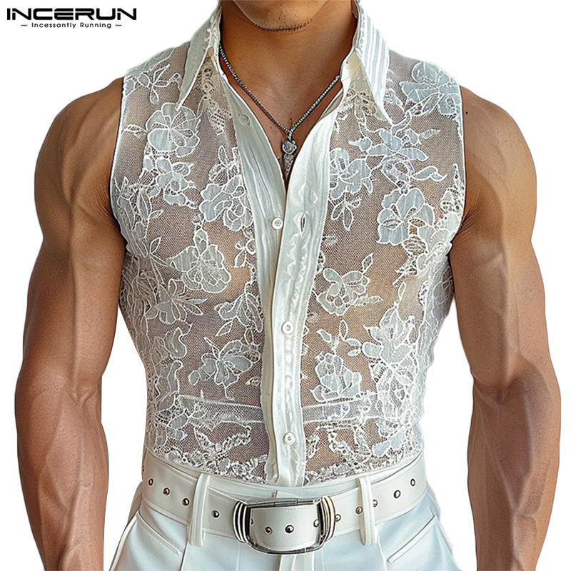 Incerun เสื ้ อเชิ ้ ตลําลองแขนกุดลายดอกไม ้ แฟชั ่ นเกาหลีสําหรับผู ้ ชาย