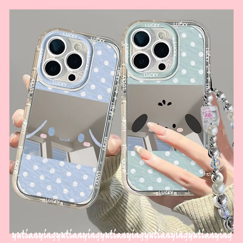 แฟชั่น Doodle การ์ตูนน่ารัก Lucky Dog Point สร้อยข้อมือปลอกสําหรับ IPhone 13 11 15 14 12 Pro Max XR 7Plus X XS Max 7 8 15 Plus สร้อยข้อมือหรูหรา Make Up กระจกปกอ่อน