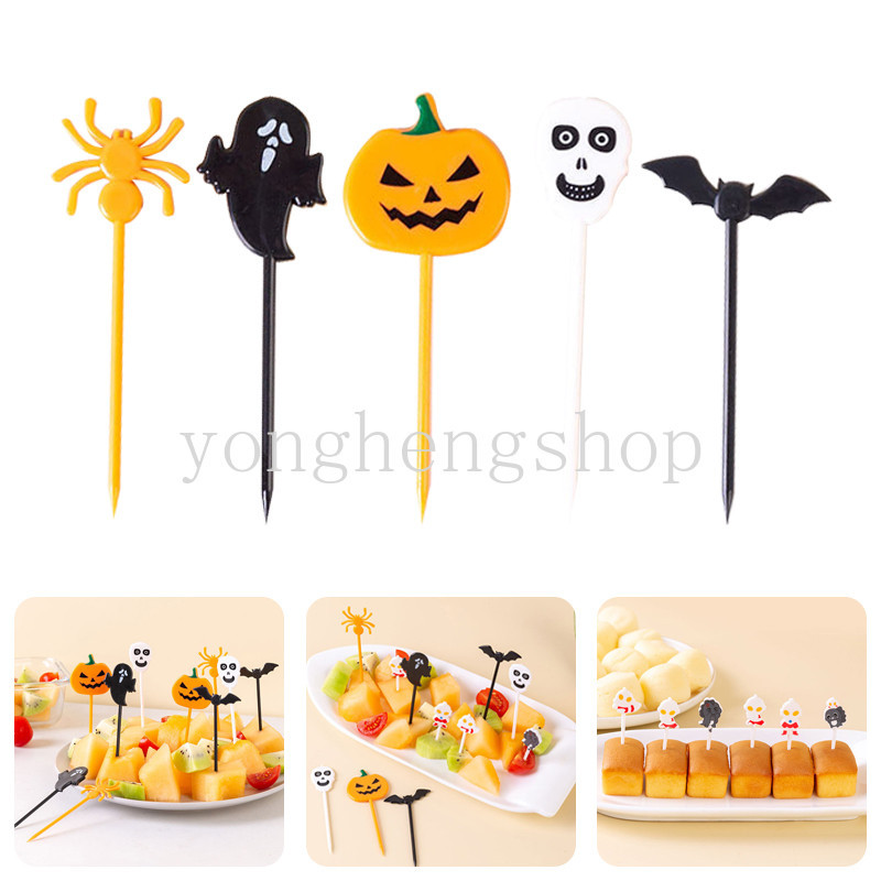 10ชิ้น/เซ็ตการ์ตูนฮาโลวีนธีมส้อมผลไม้อาหารเค้กขนมเลือกสําหรับเด็กไม้จิ้มฟันเบนโตะพรรคตกแต่ง