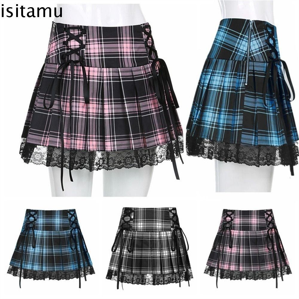 Isitaft Y2K ผู้หญิงกระโปรง,สีชมพูลาย Trim จีบ Lace Up กระโปรง, ความงามเอวสูงมินิน่ารัก Goth ลายสก๊อตลูกไม้กระโปรงฤดูร้อนเครื่องแบบ
