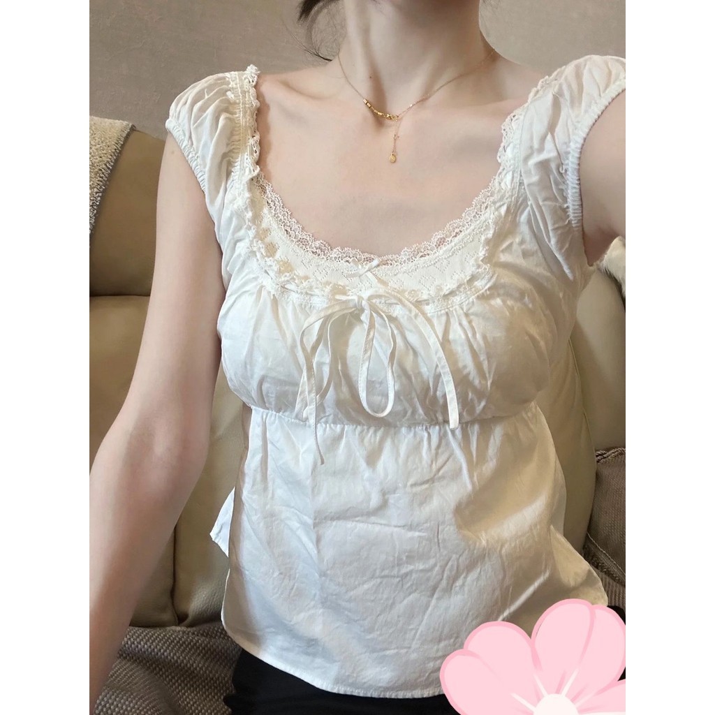 ผ้าฝ้ายผู้หญิงลูกไม้สีขาว Lace-up กว้างคอปกแขนสั้นผู้หญิงฤดูร้อน Sweet Top BM Lace Slimming เสื้อยืด
