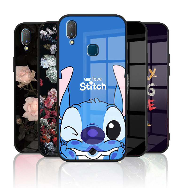 เคสกระจก VIVO 1723 1726 1814 1811 1816 1807 V9 Y85 Y95 Y91 Y91i พร้อมลายนิ้วมือกระจกเทมเปอร์เคสฮาร์ดฝาหลังขอบซิลิคอนอ่อน