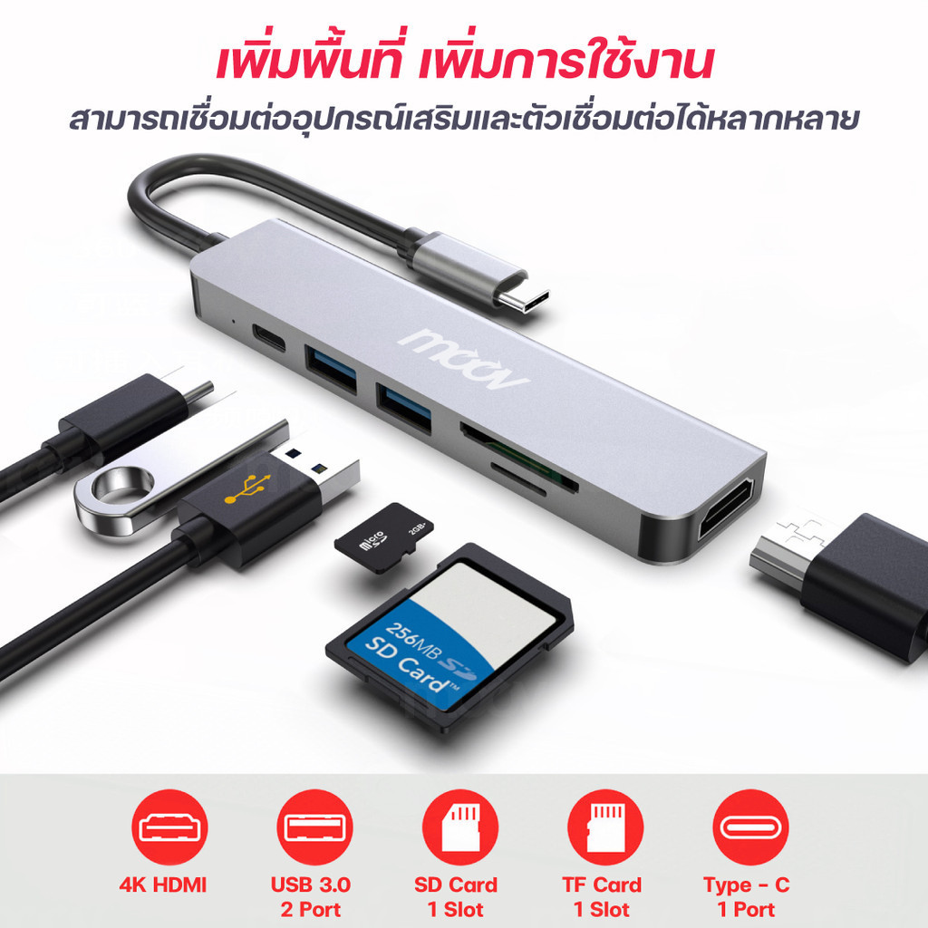 [257บ. โค้ดคุ้ม] Moov HUB04 USB Hub Type C ฮับ 6 in 1 OTG PC Laptop (USB/Type C/HDMI 4K/TF/SD) Card Reader