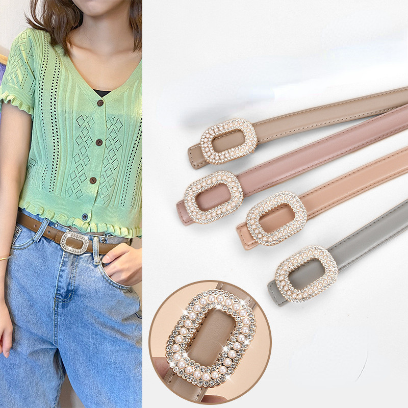 เข ็ มขัดสุภาพสตรีเลียนแบบฝังมุก rhinestone รอบหัวเข ็ มขัดตกแต ่ งเข ็ มขัดผู ้ หญิง Cowhide เข ็ มขัดหัวเข ็ มขัดเรียบ