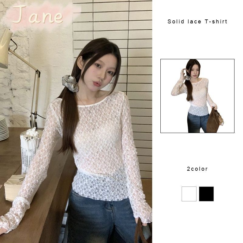 สีทึบเสื้อยืดลูกไม้มุมมอง Bottoming เสื้อผู้หญิง Slim FITTING เสื้อแขนยาว JN
