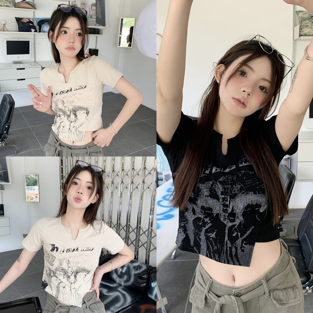 ราคาถูกที่สุด เสื้อยืดครอป 2 สี แขนสั้น สกรีนลายภาพขาวดำ Y2K