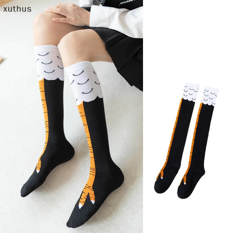 Xut ไก่ Paws ฟุตถุงเท้าผู้หญิงกว่าเข่าถุงเท้ายาวการ์ตูนตลกผ้าฝ้ายขาไก่ Claw สุภาพสตรี 3D พิมพ์ต้นขาถุงเท้าสูง N