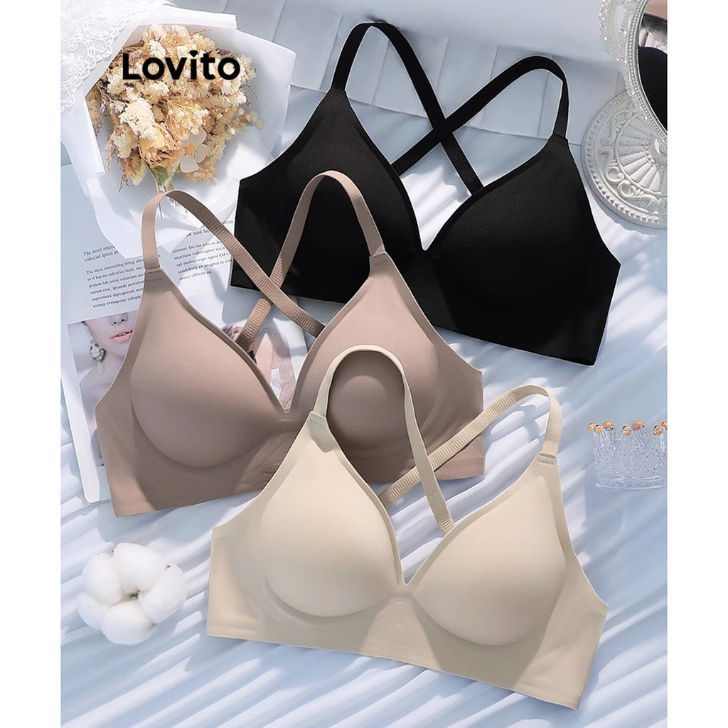 Lovito บราเล็ตต์ผู้หญิง สายไขว้ แบบเปิดหลัง สีพื้น สไตล์ลำลอง LNL55146