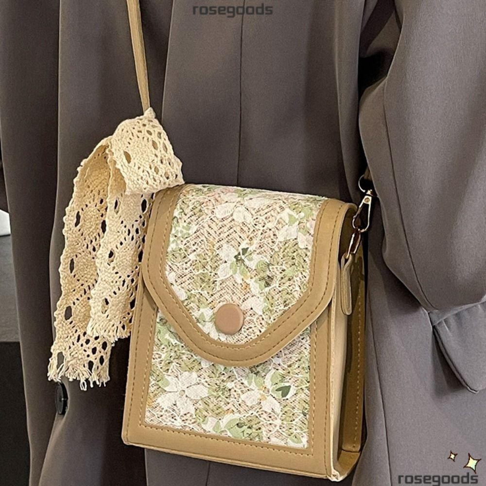 Rose Straw Plated Phone Bag, กระเป๋าสะพายชายหาดฟางทอ, กระเป๋าสะพายข้างขนาดเล็กลําลองลูกไม้