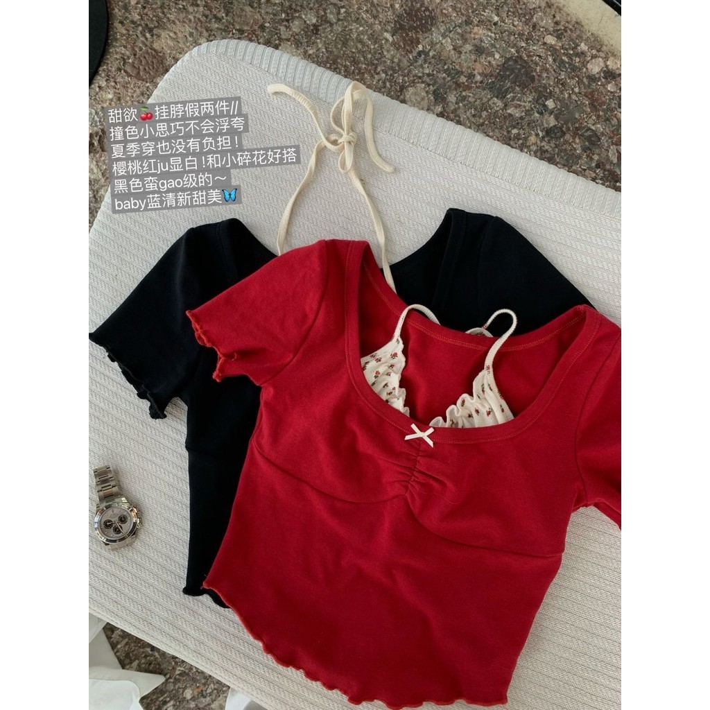 ขนาดใหญ่ผู้หญิงฤดูร้อนเกาหลีรุ่นหวานสบายๆแขวนคอ Tie Up Fragmented ดอกไม้ Slim Fit Dew เอว Top