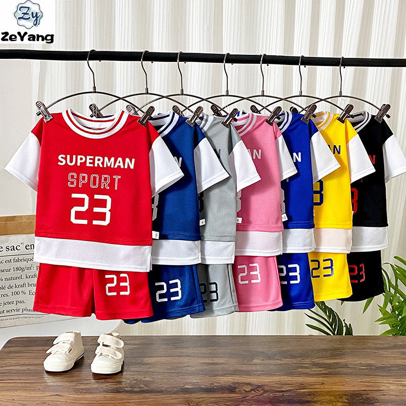 [ZY] 70-150 ซม.พร้อมสต็อกเด็กลําลองแขนสั้นเสื้อยืดสูทปลอมสองชิ้นชุดกีฬาชุดบาสเกตบอลเด็กชุดระบายอากาศชุดฝึกอบรมย์แห้งเร็ว