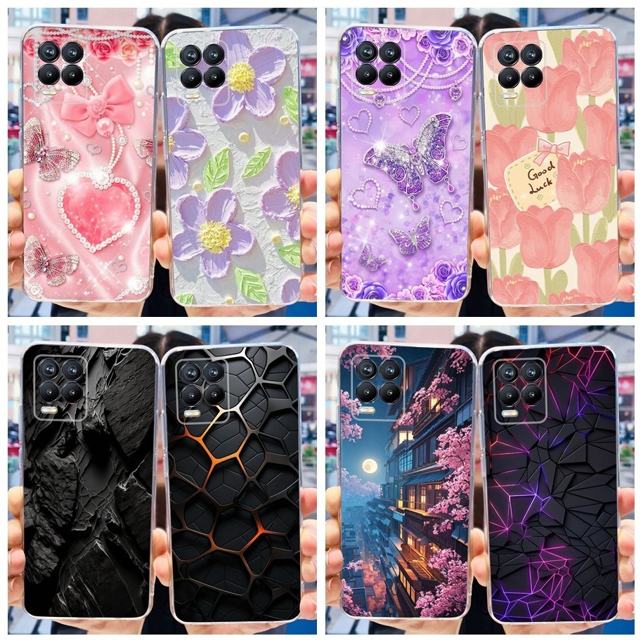นุ่มสําหรับrealme 8 5GปลอกRMX3241 ดอกไม้ที่มีสีสันหินอ่อนซิลิโคนใสTPUปกหลังสําหรับRealme 8 Pro Realme8 กรณี