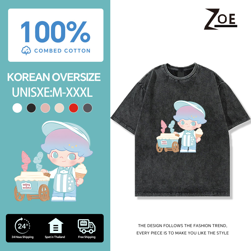 ZOE (จัดส่งตลอด 24 ชั่วโมง) DIMOO POP MART เวอร์ชั่นเกาหลี คอกลม แฟชั่น ย้อนยุค เสื้อยืดฟอกขาว ผ้า cotton 100%