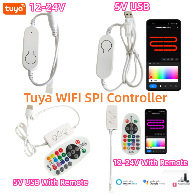 Dc12v-24v /5V USB Tuya WiFi SPI LED Controller พร้อม RF รีโมทสมาร์ทเพลง Controller สําหรับ 3Pin WS2811 WS2812 SK6812 Strip Light