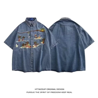 เสื้อเชิ้ตแขนสั้นวัยรุ่นผ้ายีนส์ เสื้อครึ่งแขนทรงหลวมและอเนกประสงค์อินเทรนด์