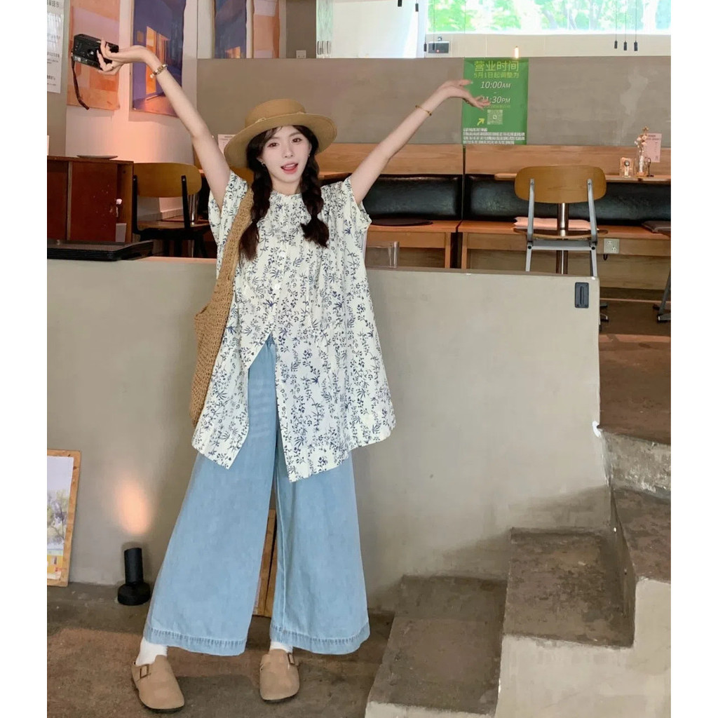 สูทผู้หญิงฤดูร้อนใหม่ย้อนยุคญี่ปุ่นหวานพิมพ์หลวมอเนกประสงค์กลางความยาวเสื้อชุดสองชิ้น