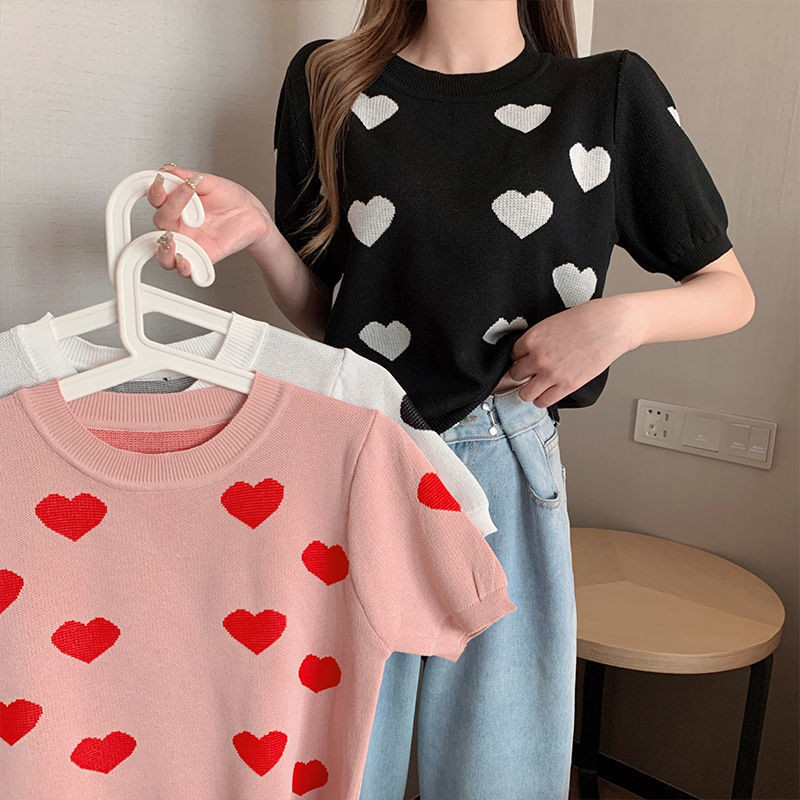 Dahong 89032 เสื้อไหมพรม เสื้อผ้าแฟชั่นผู้หญิง เสื้อแขนสั้นลายหัวใจ กำลังฮิตสุดๆ