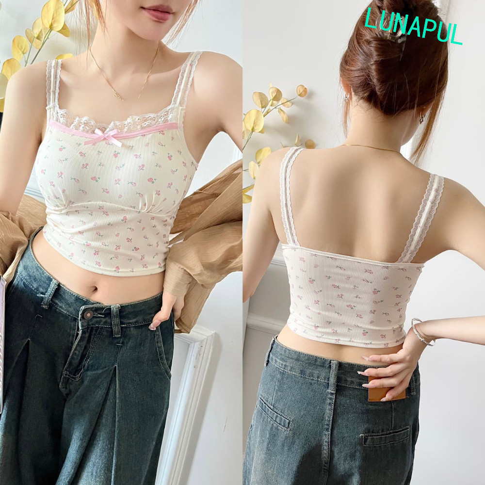 Lunapul Lace Bowknot Camisole,พร้อมแผ่นแขนกุดดอกไม้Crop Top,แฟชั่นถักยืดหยุ่นSlimดอกไม้หวานสาวเสื้อกล้ามผู้หญิง