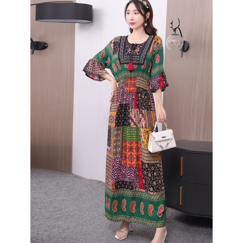 ชุดเดรสแขนสั้นลายดอกไม้ผ้าไหมผ้าฝ้าย Simia กระโปรงยาว Hem ขนาดใหญ่ Thailand Travel Beach Skirt 2.26