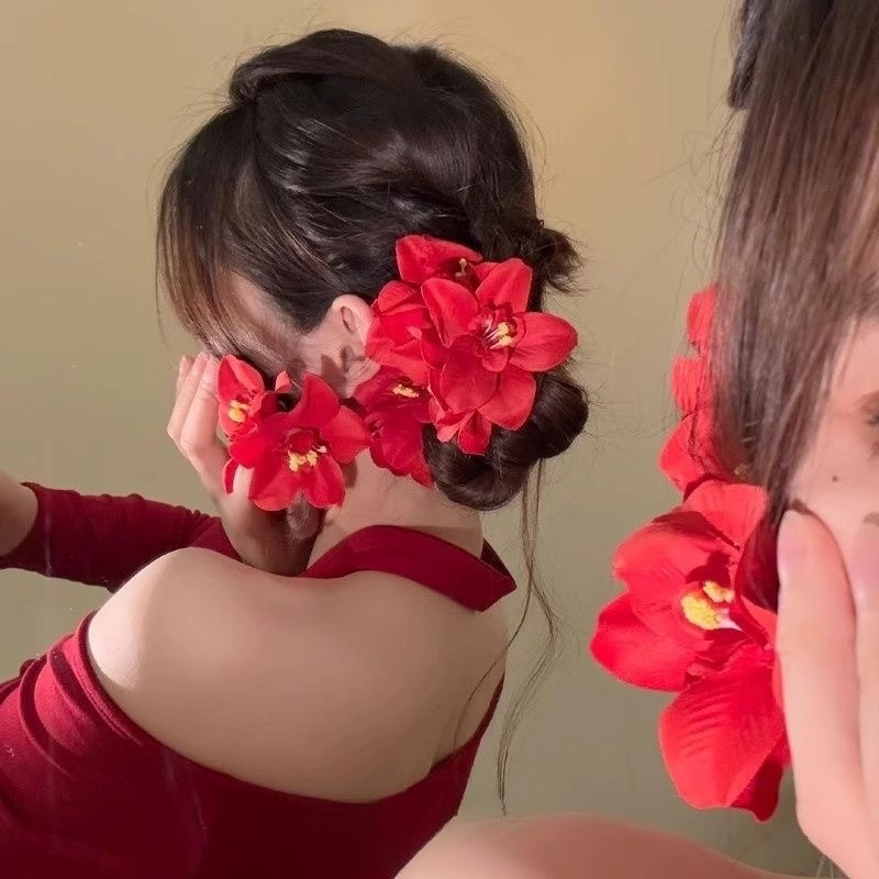 ใหม่สวยสีแดงดอกไม้ประดิษฐ์กิ๊บคลิปด้านเรียบคลิปเครื่องประดับผม