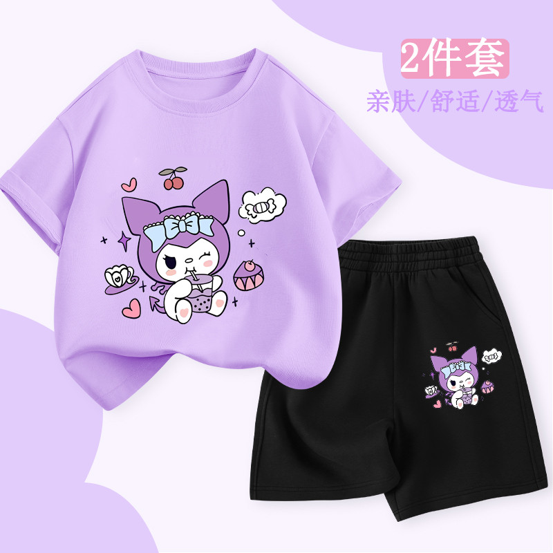 ชุดเด็กผู้หญิง Kuromi เสื้อผ้าเด็กใหม่ ชุดลำลองสำหรับเด็ก ชุดฤดูร้อนสำหรับเด็กผู้หญิง