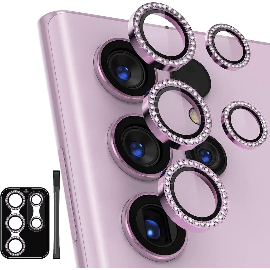 แฟลชเพชรเลนส์ฟิล์ม S25 Ultra S24 S23FE สําหรับ Samsung Galaxy S22 S23 Ultra 9H กระจกนิรภัยกล้องเลนส์ Protector แหวนโลหะผสมฝาครอบ