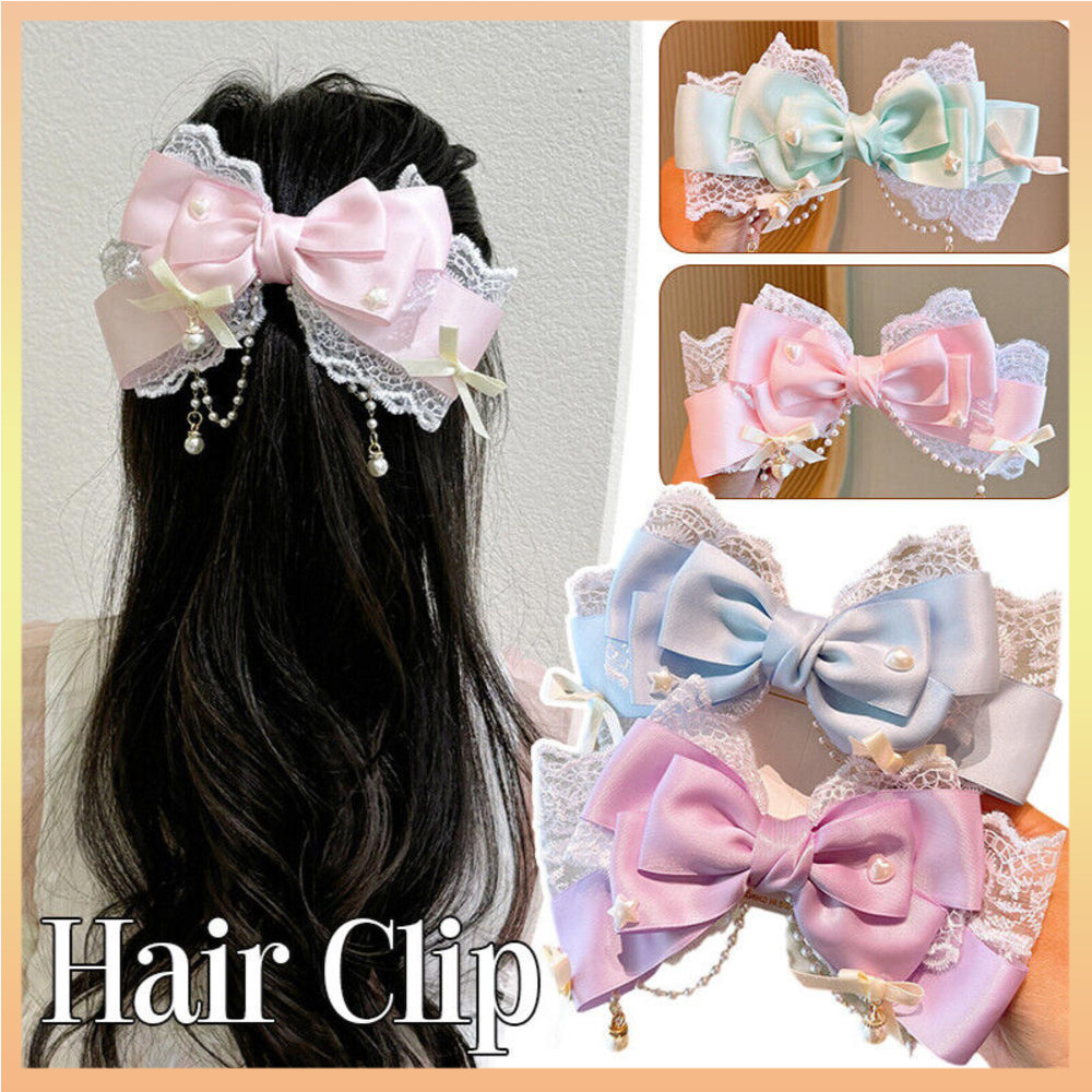 Lolita โบว์ลูกไม้กิ๊บ Headpiece คอสเพลย์ Headwear ผู้หญิงอุปกรณ์เสริมผม Lolita Handmade ลูกไม้ Pearl Hair Band แถบคาดศีรษะ Bow