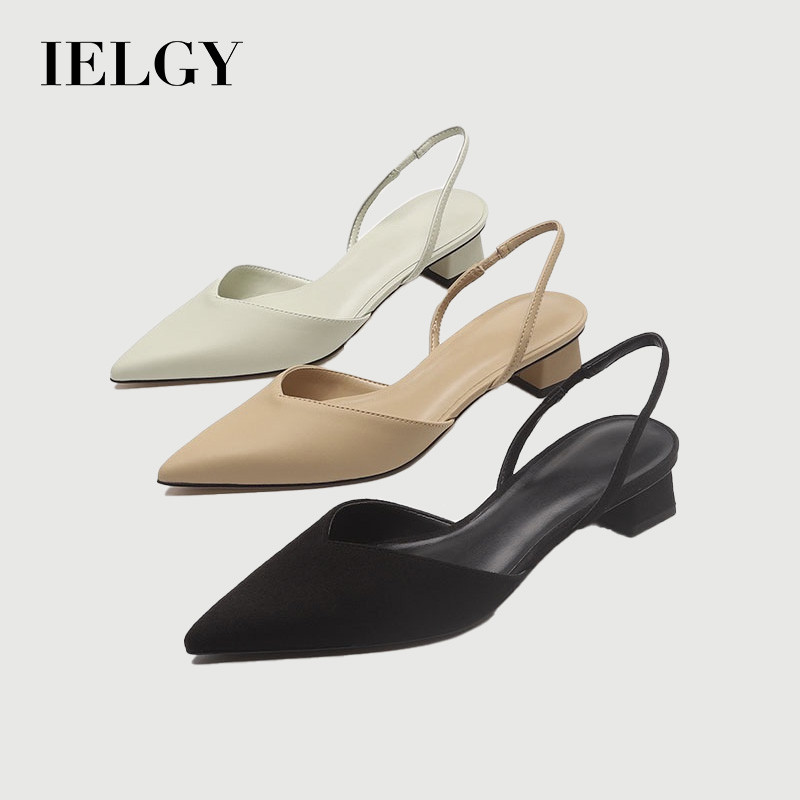 IELGY รองเท้าแตะส้นหนาทรงสี่เหลี่ยมหัวแหลมเรียบง่ายผู้หญิงสายรัดส้นสูงแฟชั่นผู้หญิงรองเท้าเดี่ยว
