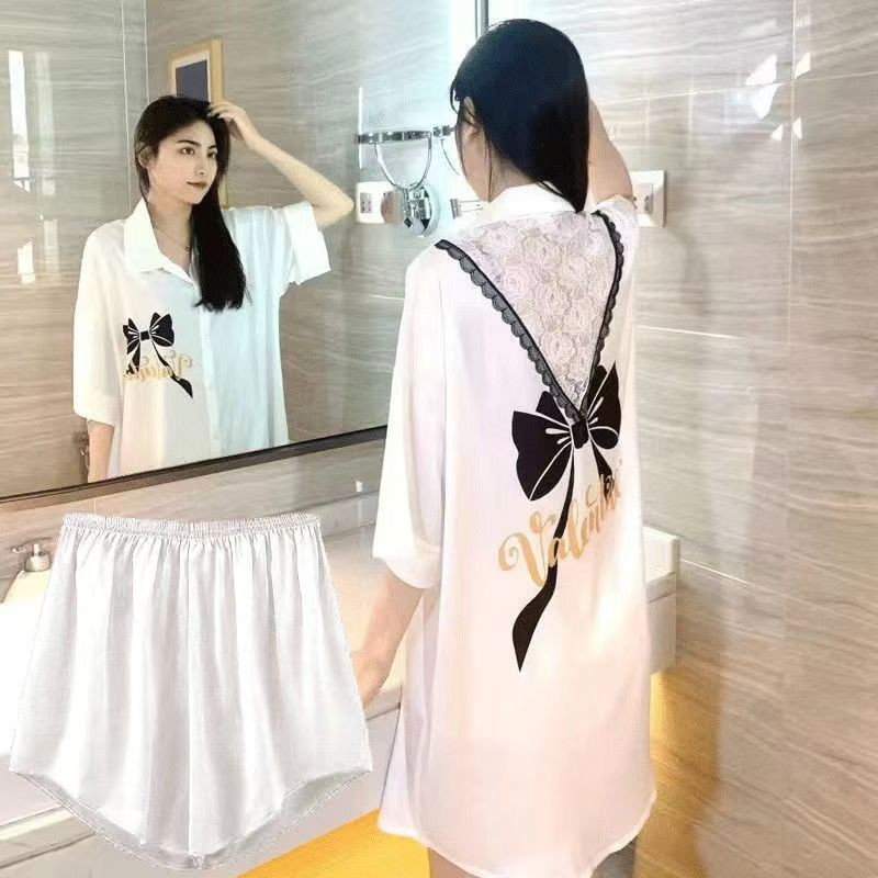 2025 ฤดูร้อนอินเทอร์เน็ตคนดัง High-End ผ้าไหมน้ําแข็งแขนสั้น Nightdress ผู้หญิงขนาดใหญ่เซ็กซี่เสื้อชุดนอนสาวกางเกงขาสั้น