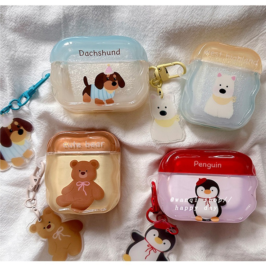 เคสหูฟังสําหรับ แอร์พอด 4 มือโปร 3 2 1 คลื่นขอบคมชัดสีการ์ตูนเจลลี่แมวเพนกวินดัชชุนสุนัข ทีพียู หูฟังปกกับป้องกันการสูญหายจี้ชุดหูฟังไร้สายเปลือกป้องก