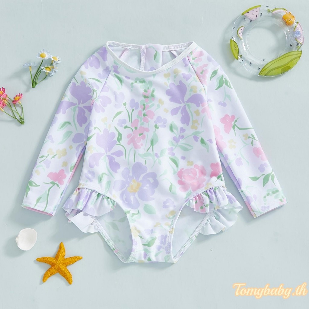 Tomybaby-เด็กทารก Rash Guard ชุดว่ายน้ําดอกไม้แขนยาวลูกเรือคอชุดว่ายน้ํา