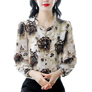 Bebovizi Blus Fashion Motif Sifon Lengan Panjang Kemeja Pesta Kasual Untuk Wanita