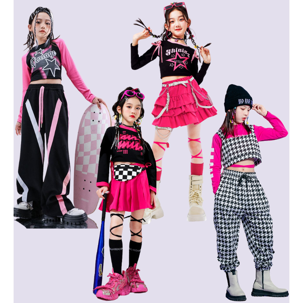 ชุดเต้น ชุดแดนซ์ เซ็ทเสื้อแขนยาวดำ+กางเกงขายาว สีชมพู