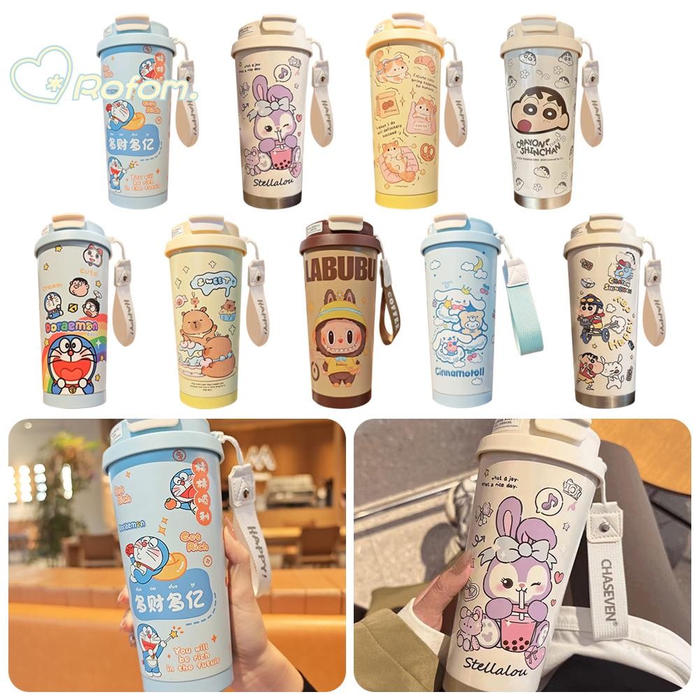 Rofom Labubu ถ้วยกาแฟ, ถ้วยเก็บความร้อนโดราเอมอน 520 มล., เครยอนชินจังถ้วยฉนวนความจุสูงสองชั้นของขวัญสําหรับเด็ก