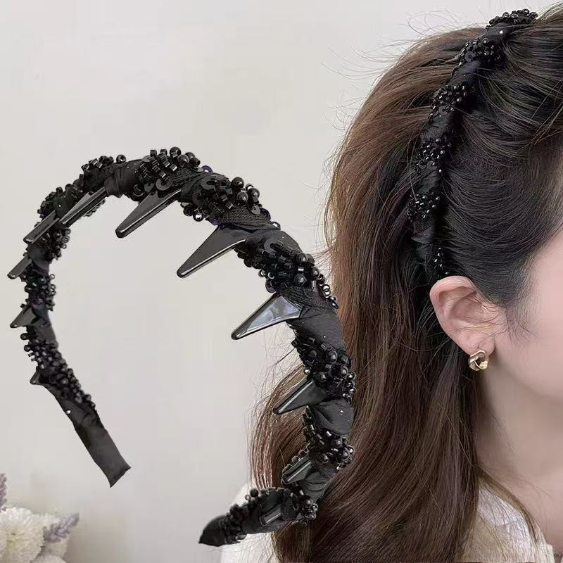 สีดําลูกปัดห่อคาดศีรษะแฟชั่นเกาหลีฟันผมวงผมอุปกรณ์ผมสําหรับผู้หญิงที่สง่างาม