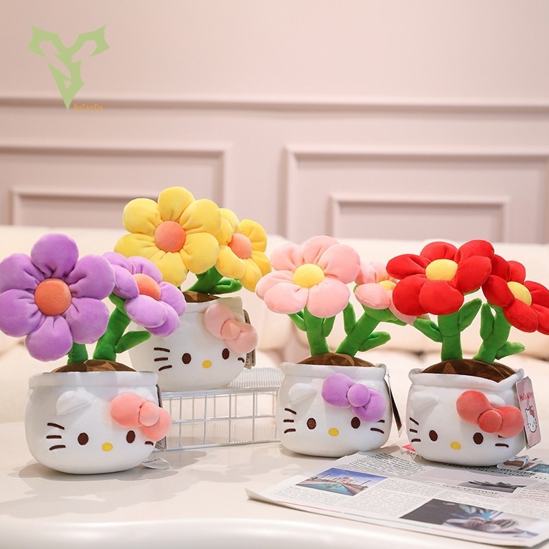 Sanrio Hello Kitty ดอกไม้ของเล่นตุ๊กตาน่ารักดอกไม้กระถาง Plushie ตุ๊กตาสร้างสรรค์ที่มีสีสัน Kitty ดอกไม้ตุ๊กตาของเล่น Home Desktop Decor หญิงของขวัญวันเกิดแลกเปลี่ยนของขวัญ
