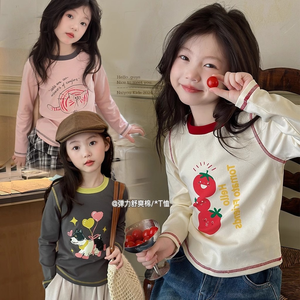 ร้านขายดี ผ้าฝ้ายแท้ เสื้อยืดแขนยาวลายการ์ตูนสำหรับเด็กผู้หญิง 2024 ใหม่ สไตล์ฤดูใบไม้ร่วง เสื้อสไตล์เกาหลีสำหรับเด็ก