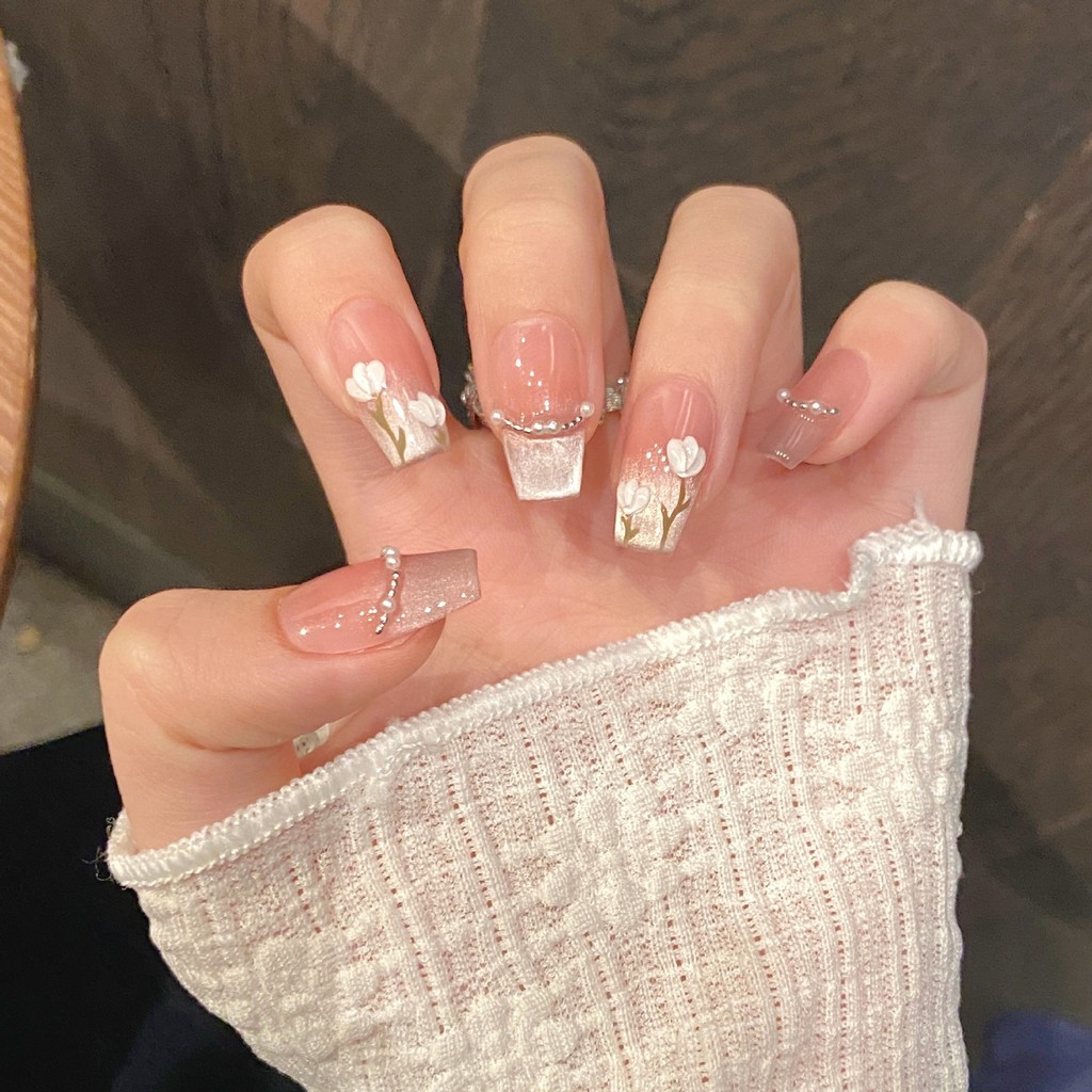 ทำมือ+กาวฟรี เล็บปลอมสีชมพูทิวลิป ไข่มุก ตาแมว เล็บปลอมแบบกดบนเล็บ ใช้ซ้ำได้